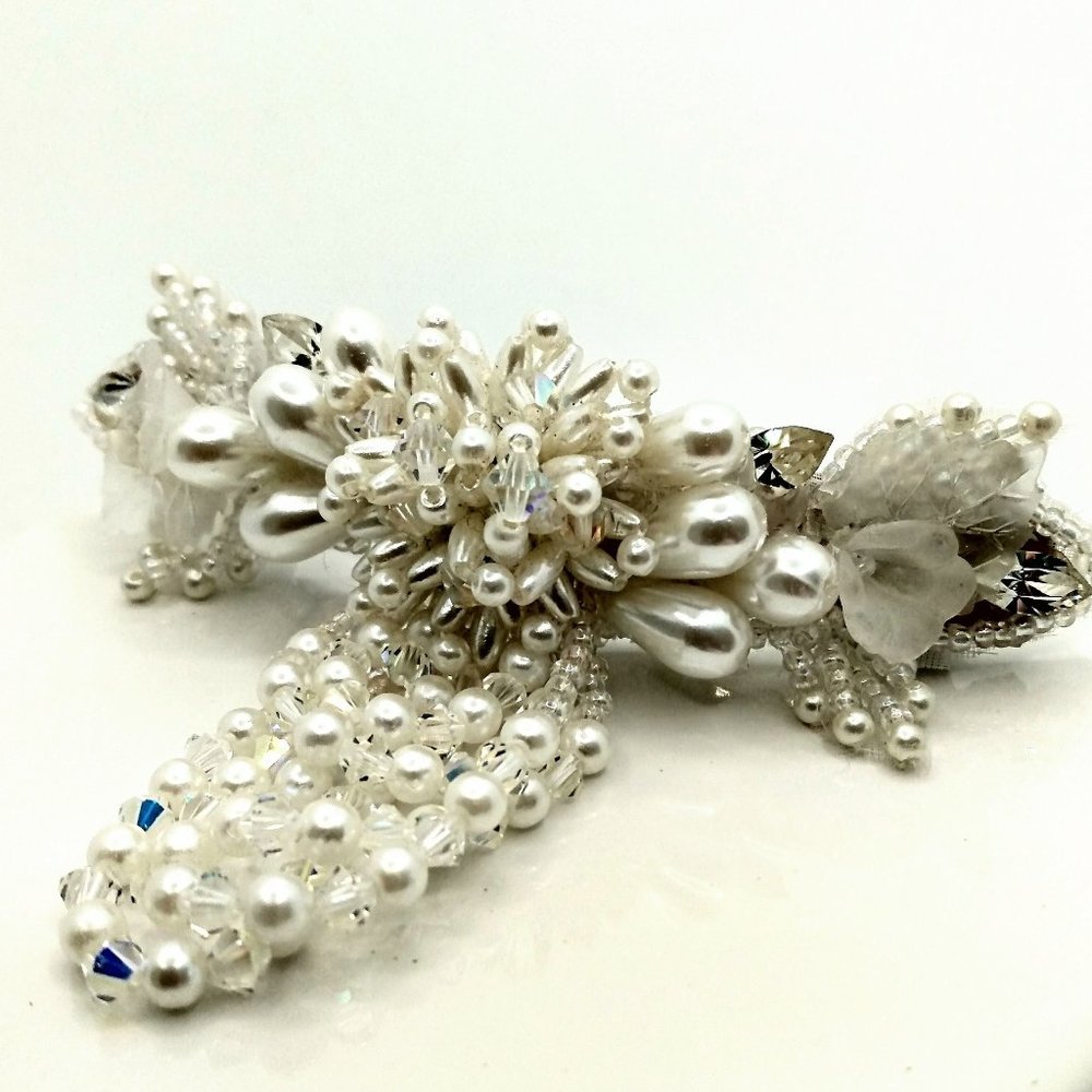 Vintage Hand Beaded French Hair Barrette/Hair Clip White Pearls Crystal Fringe
